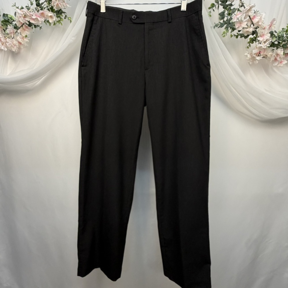 Haggar Mens Pinstripe Dress Pants Black Flat Front Straight Leg 34x30